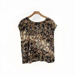 Nicole Miller  Womens Top L Brown 100% Linen Knit  Floral Paisley Top